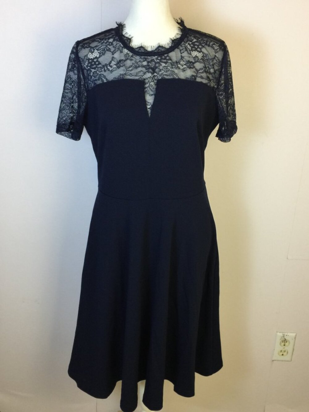 New! Miusol A-line Dress Sz L Womans Navy Blue Knit Lace Panel Neck Short Sleeve